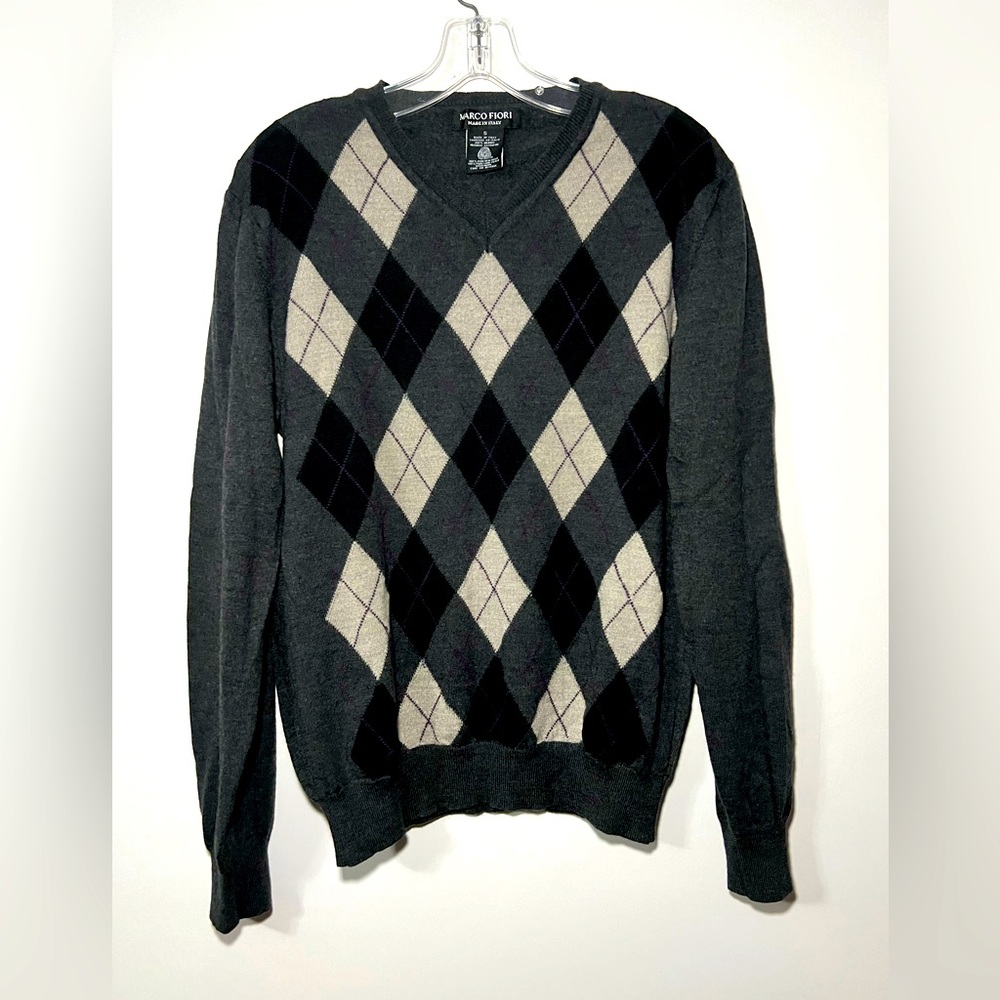Marco Fiori Mens Sweater, Sz S, Argyle, Multicolored, Fine Italian Merino Wool